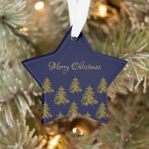 Sparkly gold Christmas tree on blue Christmas Ornament