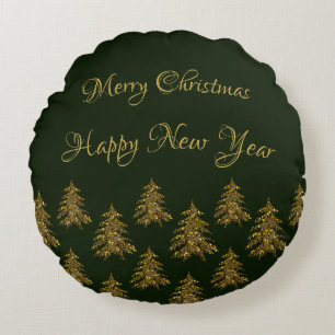 Sparkly gold Christmas tree on green Christmas Round Pillow