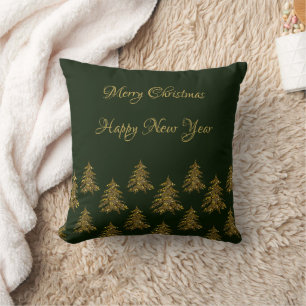 Sparkly gold Christmas tree on green Christmas Throw Pillow