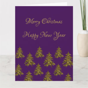 Sparkly gold Christmas tree on purple Christmas Card