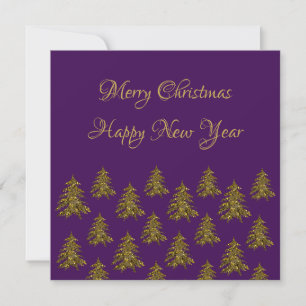 Sparkly gold Christmas tree on purple Christmas Holiday Card