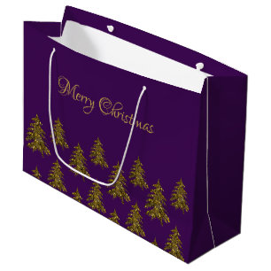 Sparkly gold Christmas tree on purple Christmas Large Gift Bag