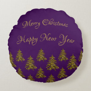 Sparkly gold Christmas tree on purple Christmas Round Pillow