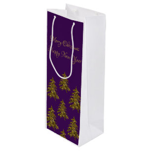 Sparkly gold Christmas tree on purple Christmas Wine Gift Bag