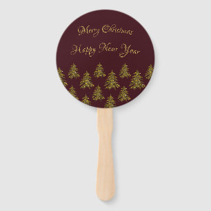 Sparkly gold Christmas tree on red Christmas Hand Fan