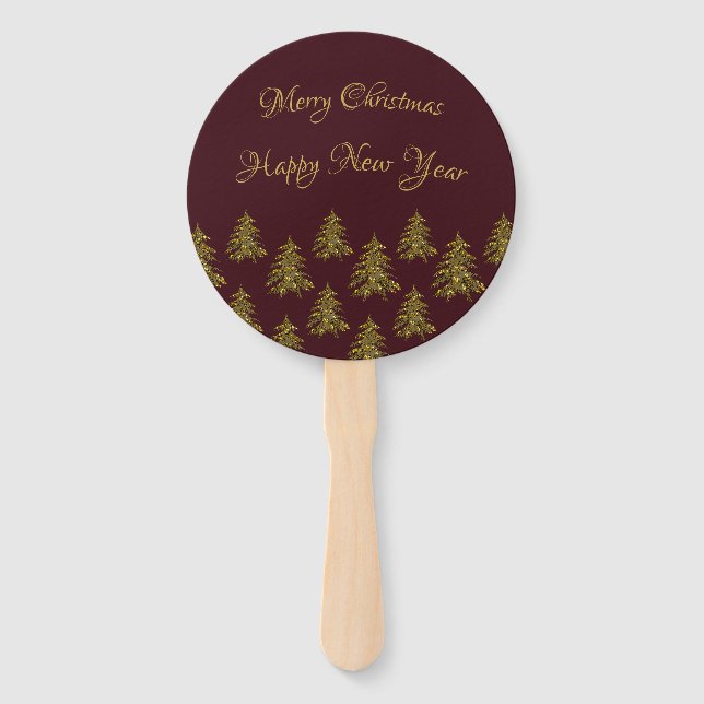 Sparkly gold Christmas tree on red Christmas Hand Fan (Front)