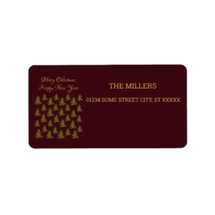 Sparkly gold Christmas tree on red Christmas Label