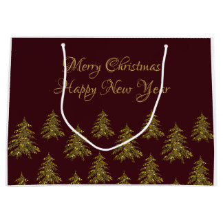 Sparkly gold Christmas tree on red Christmas Large Gift Bag