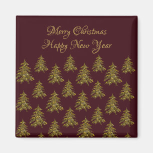 Sparkly gold Christmas tree on red Christmas Magnet