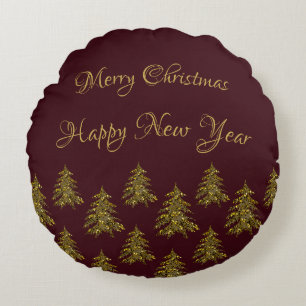 Sparkly gold Christmas tree on red Christmas Round Pillow