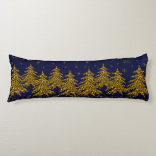 Sparkly Gold Christmas tree, stars, snow on blue Body Pillow