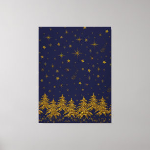 Sparkly Gold Christmas tree, stars, snow on blue  Canvas Print