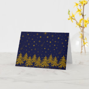 Sparkly Gold Christmas tree, stars, snow on blue Card