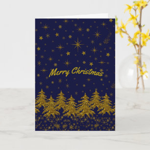Sparkly Gold Christmas tree, stars, snow on blue Card