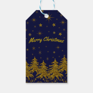 Sparkly Gold Christmas tree, stars, snow on blue   Gift Tags