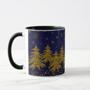 Sparkly Gold Christmas tree, stars, snow on blue Mug