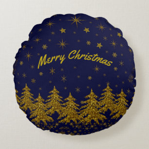 Sparkly Gold Christmas tree, stars, snow on blue R Round Pillow