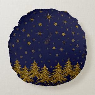 Sparkly Gold Christmas tree, stars, snow on blue Round Pillow