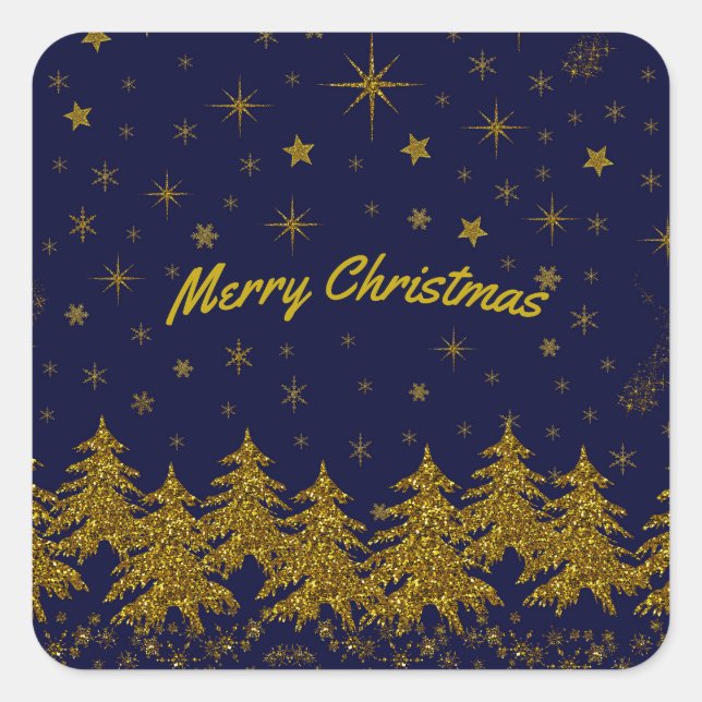 Sparkly Gold Christmas tree, stars, snow on blue   Square Sticker (Front)