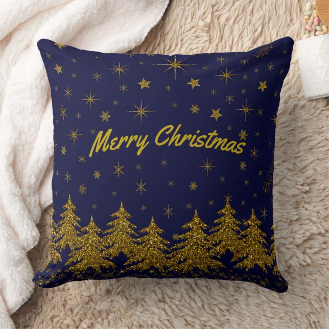 Sparkly Gold Christmas tree, stars, snow on blue T Throw Pillow (Blanket)