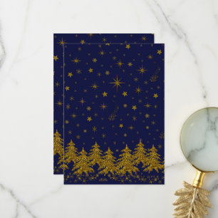 Sparkly Gold Christmas tree, stars, snow on blue Thank You Card