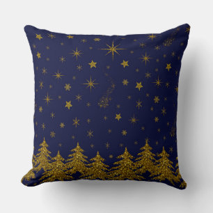 Sparkly Gold Christmas tree, stars, snow on blue Throw Pillow