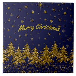 Sparkly Gold Christmas tree, stars, snow on blue Tile