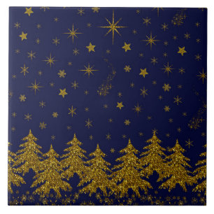 Sparkly Gold Christmas tree, stars, snow on blue Tile