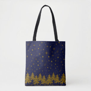 Sparkly Gold Christmas tree, stars, snow on blue Tote Bag