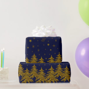 Sparkly Gold Christmas tree, stars, snow on blue Wrapping Paper