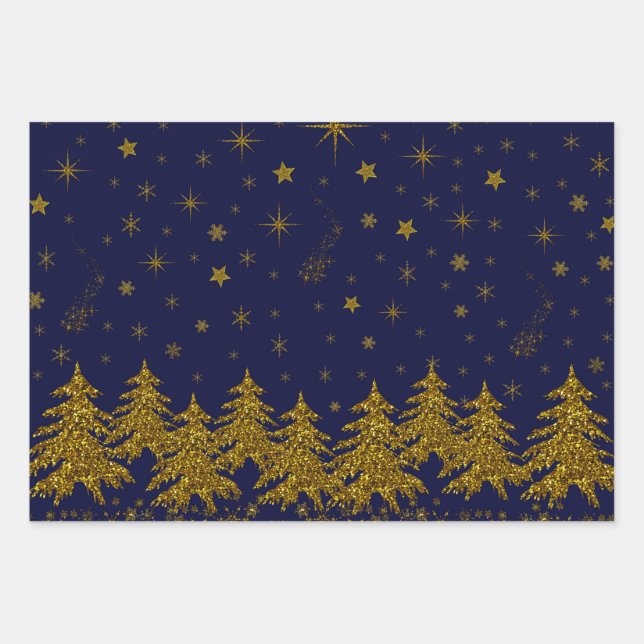 Sparkly Gold Christmas tree, stars, snow on blue Wrapping Paper Sheet (Front)
