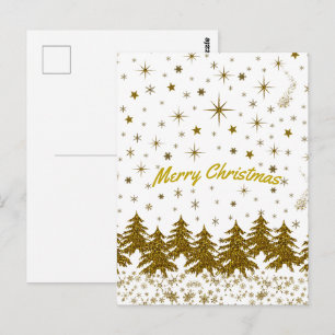 Sparkly Gold Christmas tree, stars, snow on Postcard
