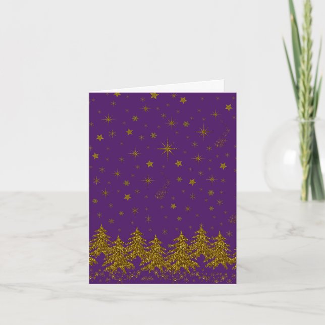 Sparkly Gold Christmas tree, stars, snow on purple Card (Front)