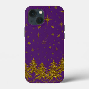 Sparkly Gold Christmas tree, stars, snow on purple iPhone 13 Mini Case