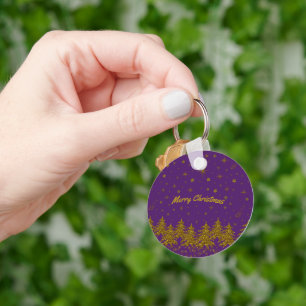 Sparkly Gold Christmas tree, stars, snow on purple Keychain