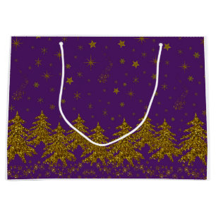 Sparkly Gold Christmas tree, stars, snow on purple Large Gift Bag