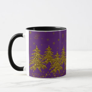 Sparkly Gold Christmas tree, stars, snow on purple Mug