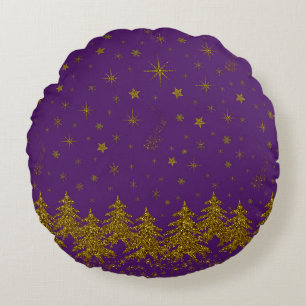 Sparkly Gold Christmas tree, stars, snow on purple Round Pillow