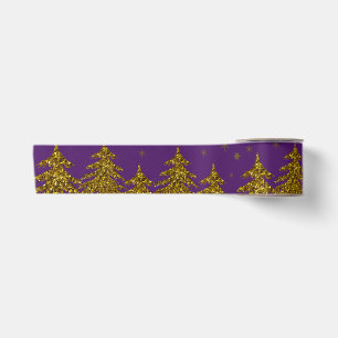 Sparkly Gold Christmas tree, stars, snow on purple Satin Ribbon