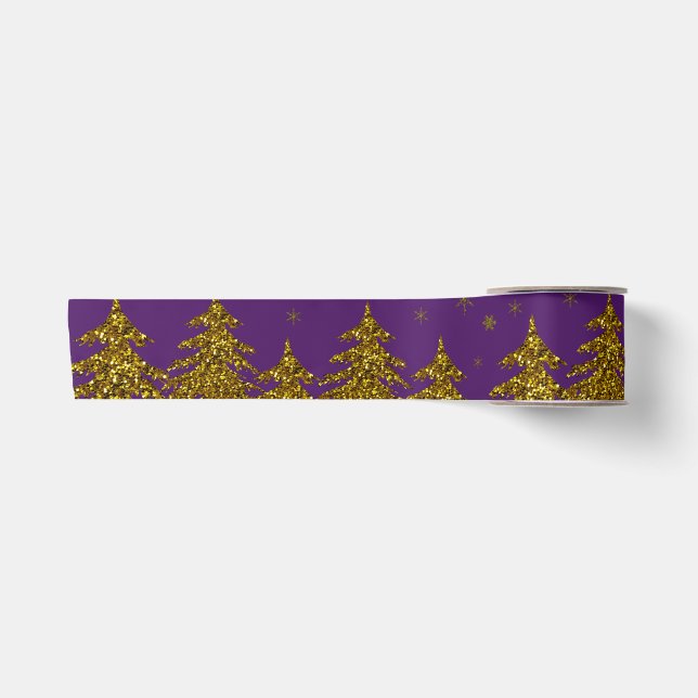 Sparkly Gold Christmas tree, stars, snow on purple Satin Ribbon (Front)