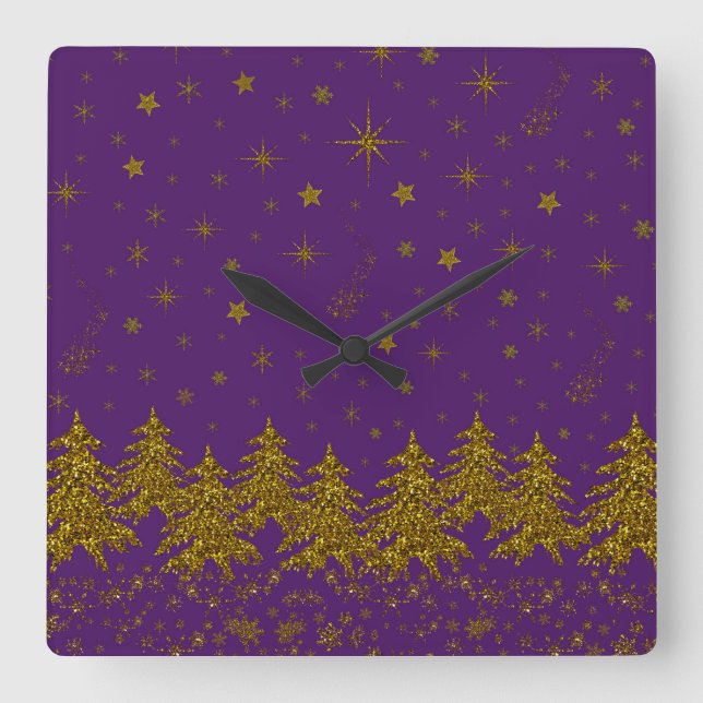 Sparkly Gold Christmas tree, stars, snow on purple Square Wall Clock (Front)
