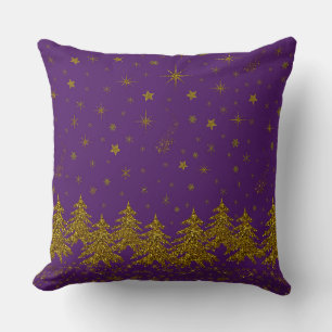 Sparkly Gold Christmas tree, stars, snow on purple Throw Pillow