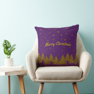 Sparkly Gold Christmas tree, stars, snow on purple Throw Pillow