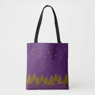 Sparkly Gold Christmas tree, stars, snow on purple Tote Bag