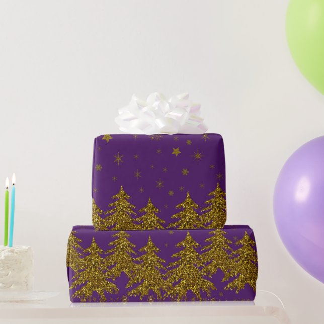 Sparkly Gold Christmas tree, stars, snow on purple Wrapping Paper (Party Gifts)