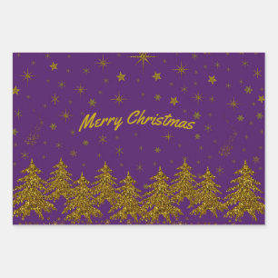 Sparkly Gold Christmas tree, stars, snow on purple Wrapping Paper Sheet