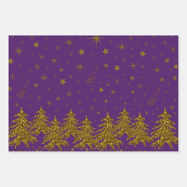 Sparkly Gold Christmas tree, stars, snow on purple Wrapping Paper Sheet (Front)