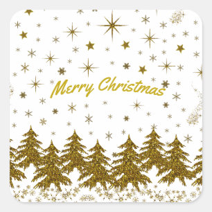 Sparkly Gold Christmas tree, stars, snow on  Square Sticker