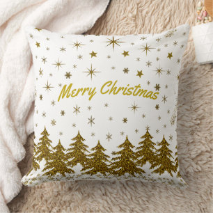 Sparkly Gold Christmas tree, stars, snow Throw Pillow