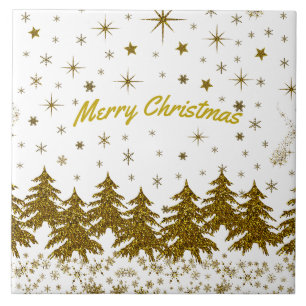 Sparkly Gold Christmas tree, stars, snow Tile